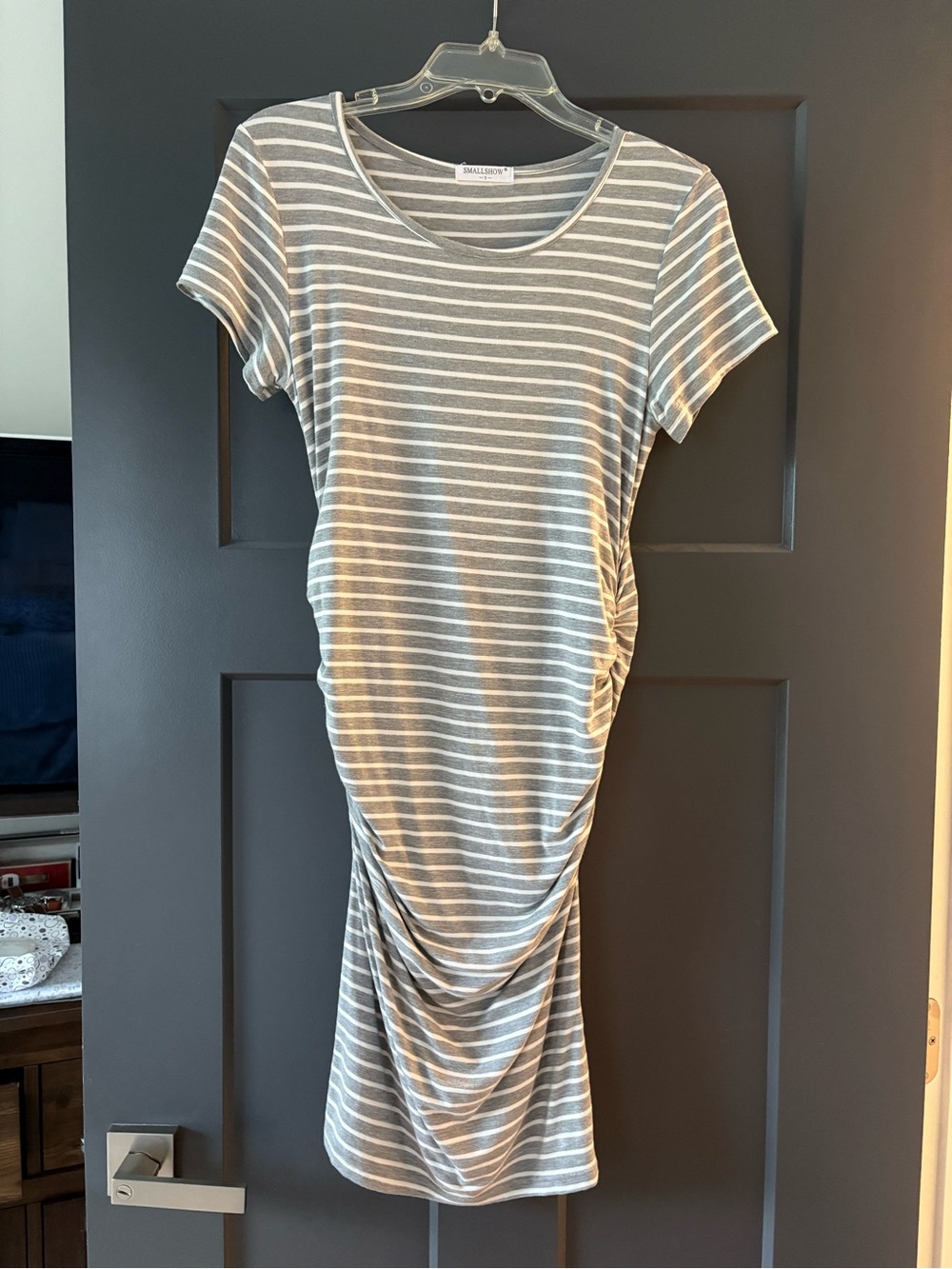 Striped Maternity Midi Dress - Gray & White